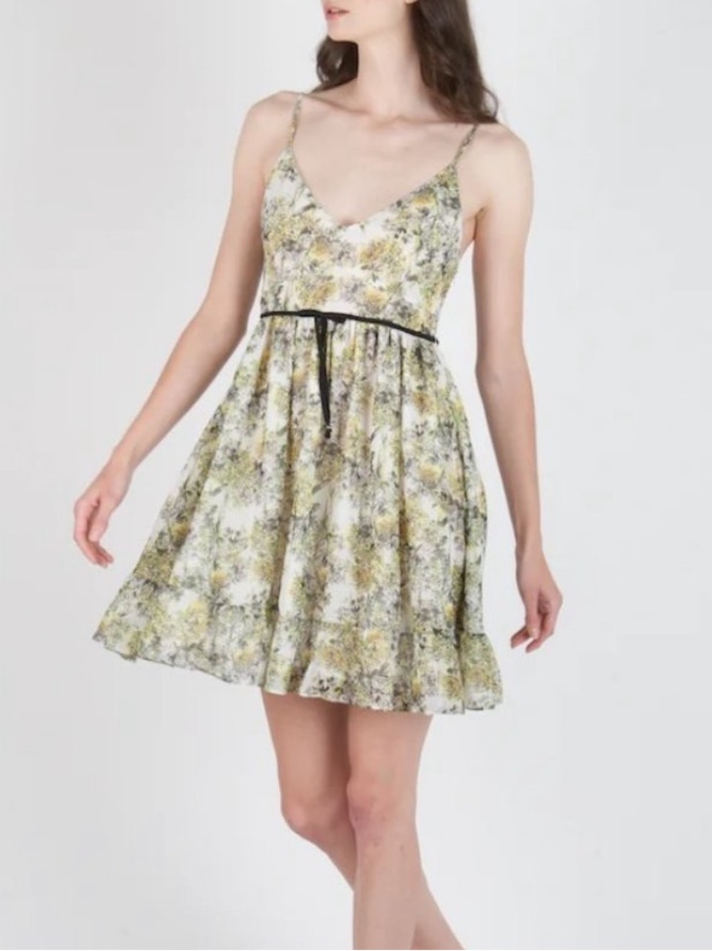 Secret Mission Benazir Georgette Mini Dress in a yellow ditsy floral, NWT XS
